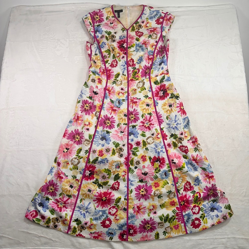 Escada Deressa Floral Cap Sleeve Fit Flare Dress 40 Pastel Red Grosgrain Womens